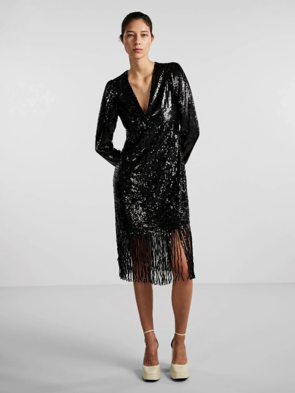 Y.A.S Black Sequin Midi Dress Long Sleeves US6 Medium
